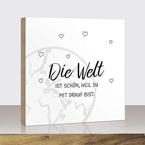 ARTland Holzbilder Mini Deko Poster Fotodruck auf Holz mit Spruch 15x15x2 cm zum Hinstellen/Aufhängen Genschenk-Idee Aufsteller Geburstag Hochzeit Valentinstag Muttertag Freund-in Die Welt U4CL