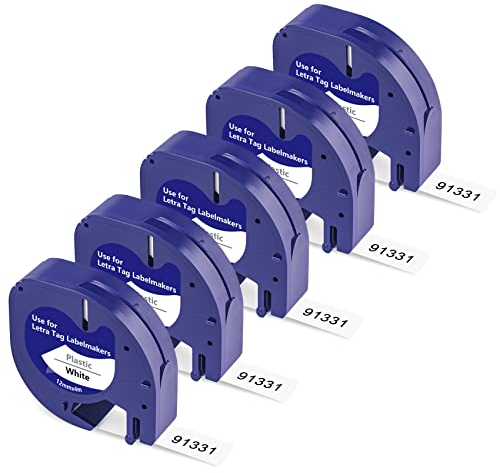 5 x 91221 Kompatibel für Dymo Letratag Etikettenband Kunststoff Weiß 12mm x 4m A91221/S0721660,Schwarz auf Weiß,Beschriftungsgerät Bänder für Dymo Letratag LT-200B LT-100H LT-100T XR XM QX50