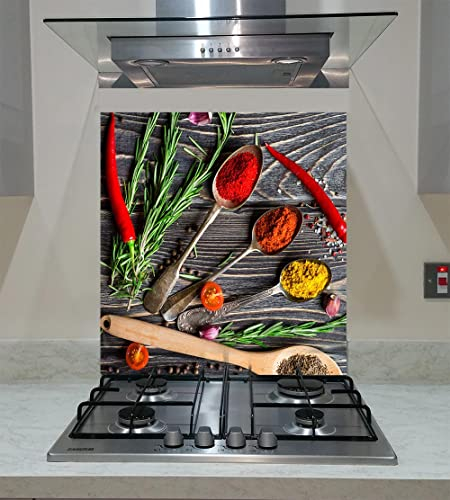Splash back, Tempered Glass Panel Kitchen, Spices on the Gray Background, Any Size, Va Art Glass (wide 60 x height 70 /cm), Multicolor