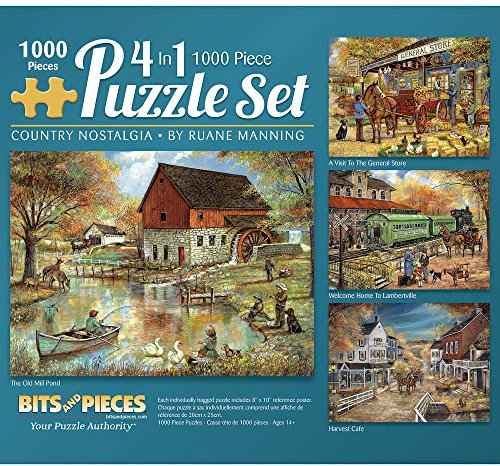 Bits and Pieces – 4-in-1 Multi-Pack 1000 Piece Jigsaw Puzzles for Adults – Country Pond Harvest Café Home General Store Jigsaw Puzzles by Artist Ruane Manning, Completed Puzzle Size: 20 x 27