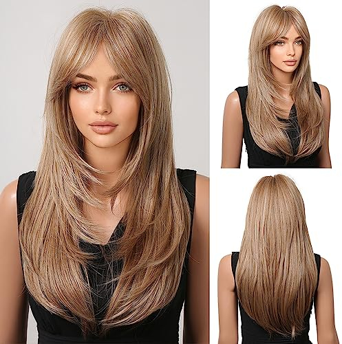OUFEI Lange Gerade Gemischt Erdbeere Blonde Geschichtete Natürliche Perücken für Frauen Natürliche Synthetische Haare Hitzebeständig Perücken für Tägliche Party Cosplay Tragen