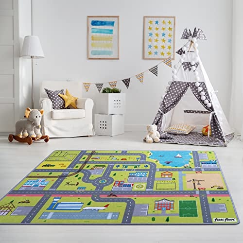Feeti Floor® Moderner Spielteppich Straße Kinder | 1,0 x 1,5 m | Öko-Tex 100 | rutschfest & geruchsneutral | Waschbarer Kinderteppich Autos | Autoteppich | Sicherer Spielteppich Kinderzimmer
