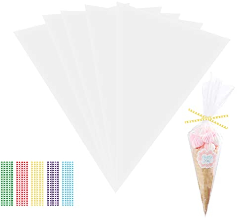 100 Stück Süßigkeiten Tütchen,TACHIO 25x13cm Cone Tüten Durchsichtig Bonbon Beutel Candy Bar Tüten Cellophantüten Geschenktüten mit 100 Bindestreifen Geschenktasche für Schokolade Kekse Popcorn