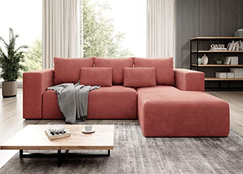 Moderno Ecksofa mit Schlaffunktion und Bettkasten Stripes - Sofa mit 3 Sitzer und Robuste überzug - Schlafcouch L-Form - Modern Couch Cord - 255x73x161 cm - Rechts Rosa