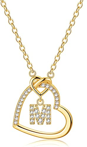 LIHELEI Damen Halskette Herz Buchstabe 925 Silber Kette Damen Personalisiere Kette, Geburtstags und Weihnachten Geschenk Für Frauen Mädchen Mama Freundin - M(Gold)