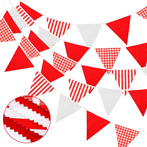 G2PLUS Rot und Weiß Stoff Wimpelkette, 12M Wimpel Girlande, Rote und Weiß Streifen Stoffgirlande, Wimpelkette aus Stoff mit 42 STK Wimpeln für Kinderzimmer Hochzeits Geburtstag Party