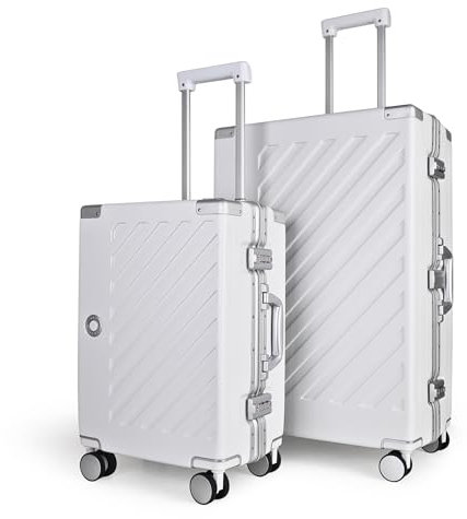 100% Polycarbonate Zipperless Suitcase Set, Small Carry On + Large Check in Luggage, Double TSA Locks, Hardside 4 Spinner Wheels, Aluminium Handle, Flight Case for Travel in Cloud White