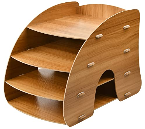 Schreibtisch Organizer Ablage aus Holz, Briefablage Desktop-Aktenhalter, A4 Papiersortierer Dokumentenhalter, 4 Etagen Büro Aktenaufbewahrung fü Schule Zuhause, 34 x 24,5 x 27 cm (braun)