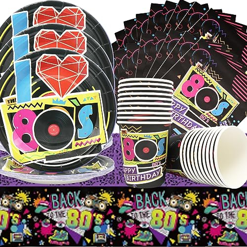 Doyomtoy Vaisselle de fête Musicale,80s Articles de fête,Vaisselle pour fête des années 80s 20 Assiettes 20 Gobelets en Papier 20 Serviettes en Papier 1 Nappe