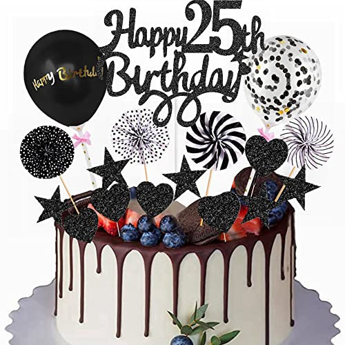 Yunchu Online Happy 25th Birthday Tortendeko Schwarz für Mann Frau - Kuchen Topper, Kuchendeko, Cupcake Toppers - 25 Jahre Geburtstag Deko