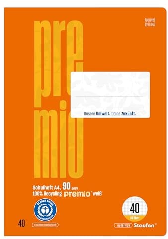 Staufen premio Schulheft - 4 Hefte je 16 Blatt, DIN A4, Lineatur 40 (5mm kariert mit Umrandung), 90 g/m² Recyclingpapier, runde Ecken verhindern „Eselsohren“