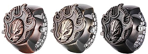 JewelryWe Ringuhr Fingeruhr Herren Totenkopf - 3pcs Rot/Bronze/Schwarz Vintage Flamme Teufel Dämon Analog Quarz Elastisch Edelstahl Ring Uhr Männer Fingerringuhr Uhrenring für Halloween Vatertag