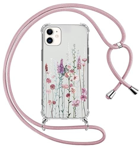 Yoedge Handyband Handyhülle für iPhone 12/iPhone 12 Pro 6,1 Hülle mit Band, Weiche Silikon TPU + PC Stoßfest Schutzhülle mit Kordel zum Umhängen, Durchsichtig Case mit Aesthetic Muster,Blumen 3
