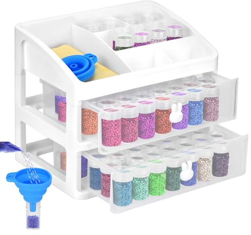 Queta Boîte de Rangement pour Accessoires de Peinture au Diamant, 2 tiroirs avec Bouteilles de Rangement à 96 Fentes et Support à Outils pour Art Diamant, boîte de Rangement avec Entonnoir, Broderie