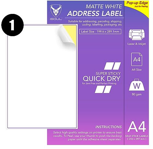 iSOUL Sticker Paper for Printer A4, Printable Sticker Paper,100 Sheets | A4 Sticker Paper for Printing | White Matte Sticker Paper | Self Adhesive Address Labels | 1 Label Per A4 Sheet