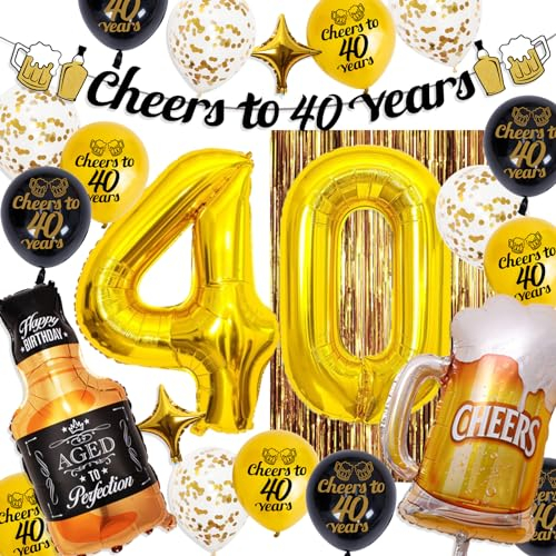 Fewoni 40 Geburtstag Dekorationen für Ihn, Schwarz und Gold 40 Geburtstag Dekorationen mit Banner Nummer 40 Luftballons Vorhänge und Luftballons