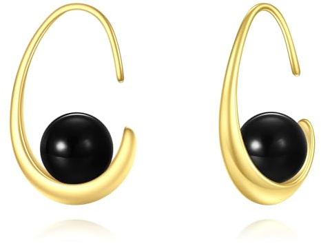 Schwarze Onyx Ohrringe 925 Sterling Silber Gold Schwarze Onyxperle Creolen Ohrhänger Schmuck Geschenk für Damen Mädchen