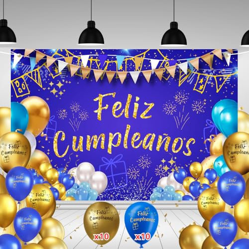 Pancarta Feliz Cumpleaños 110x180cm + 20 Globos | Cartel Decoración Fiesta Adulto Hombre Mujer | Photocall Cumpleaños Azul | Telón Fondo con Cuerda | Adornos y Decoración