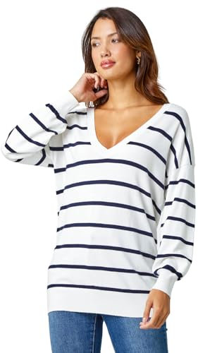 Roman Originals V-Neck Jumper for Women UK Ladies Boyfriend Fit Slouch Sweater Winter Autumn Textured Casual Flattering Knit Pullover Knitwear Daywear Lightweight Lounge - Ivory & Black - Size 10