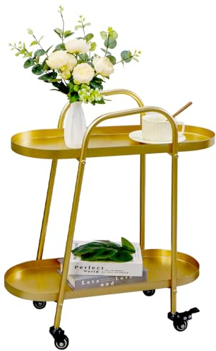 TRIROCKS 65,5 cm H Goldener Rollwagen mit 2 Etagen und Rollen Eleganter Servierwagen mit Metallrahmen für die Präsentation und Aufbewahrung in der Küche im Esszimmer Oder im Wohnzimmer