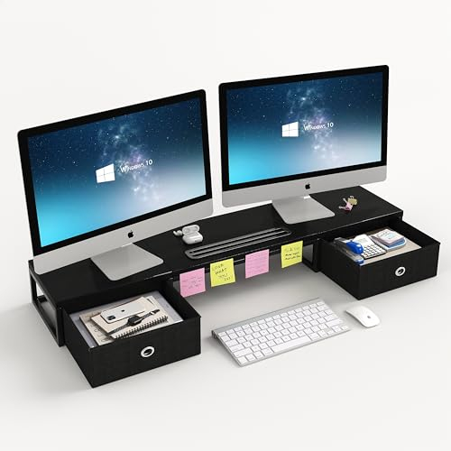 CAIYUN Wooden Monitor Stand With 2 Drawers, Riser With Smartphone Holder, 100cm Long Computer Stand, Desk for Printer (Black)