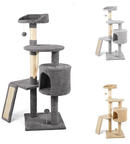 PATAM Kratzbaum aus Natursisal mit Höhle für Katzen und Spiele, verstärkter Boden, Anti-Kipp-Gurt, einfache Montage, Höhe 113,5 cm, Chalet Dunkelgrau