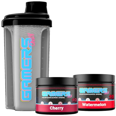 Gamers Only Gaming Booster Starter Set Deep Red Chaos Cherry & Red Funky Watermelon [MIT KOFFEIN & ZERO ZUCKER ] mit Shaker | Erhöht die Reaktionen | 125MG Koffein & L-Tyrosin & Vitaminen