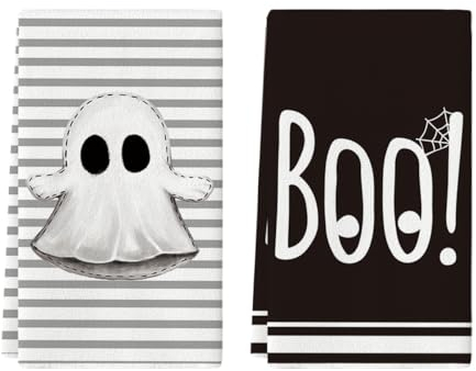 Artoid Mode Lot de 2 torchons de cuisine motif toile d'araignée à rayures fantôme Boo Halloween 42 x 65 cm Décoration saisonnière Serviettes en polyester