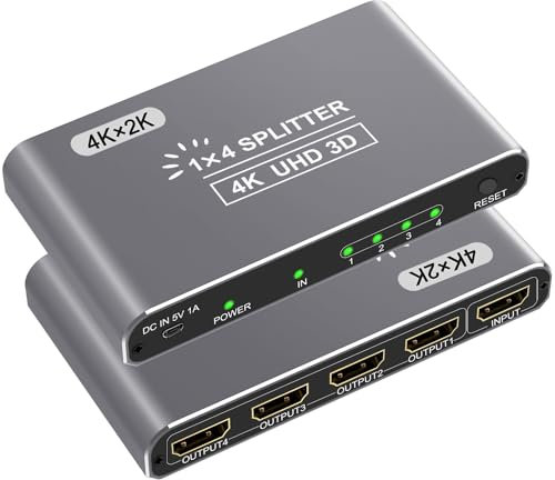 HDMI Splitter, HDMI Splitter 1 in 4 Out for 4 Monitors Supports 3D Full HD 1080P Aluminum Compatible for PS4 Fire Stick HDTV(1 Source to 4 Displays) Silver