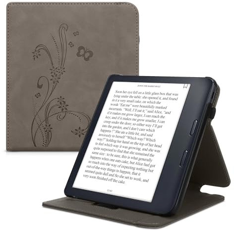 kwmobile Étui à Rabat Compatible avec Kobo Libra Colour - Coque Liseuse en Simili Cuir avec Support et Élastique - Papillons et Fleurs Gris