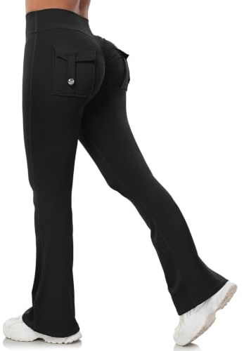 Aerides Flared Leggings for Women Scrunch Bums Leggings with Pockets High Waist Yoga Pants Sports Bootcut Trousers for Gym Workout Casual