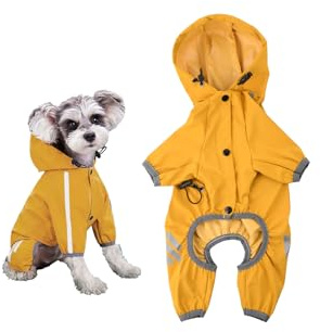 Amexo Regenmantel für Hunde Hunderegenmantel Wasserdichte mit Kragenloch Einstellbare 4-Beine Haustier Poncho Hund Regenmantel mit Kapuze Reflektierendem Streifen für Kleine Mittelgroße Hunde (S)