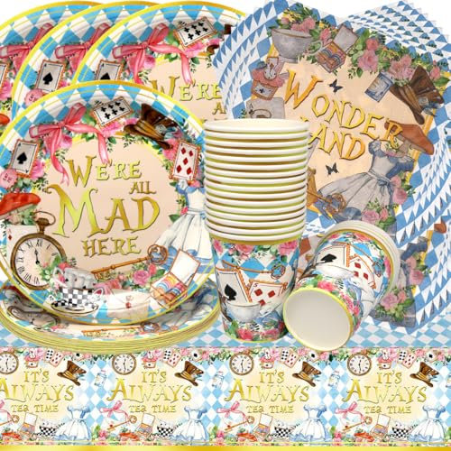 Stoviglie per Feste di Principesse,Doyomtoy Alice Tea Party Compleanno Decorazioni Ragazze Piatti di Compleanno, Tazze, Tovaglioli per Tea Party Compleanno Fata Baby Shower 20 Ospiti
