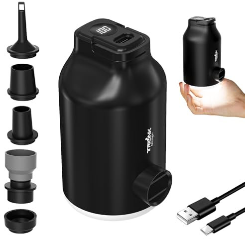 Pompe à Air Électrique pour Matelas Lits Gonflable, Sacs de Rangement Sous Vide – Mini Portable, Rechargeable, Gonflage & Dégonflage Rapide avec 5 Buses, Lumière LED, Arrêt Auto pour Bouées de piscine