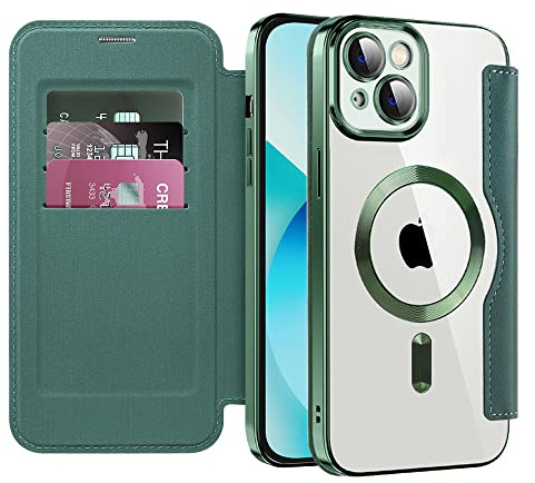 LEMAXELERS Case for iPhone 13 [Compatible with Magsafe] Flip Folio Wallet Case with Card Slot RFID Blocking Magnetic Back Clear Shockproof PU Leather Slim Cover for iPhone 13 Green JD
