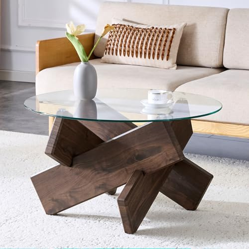 EURHCIO Table Basse Verre Ronde 79X79X45CM,Table Basse Salon,Tables D'appoint avec Verre Trempé de 0,8cm D'épaisseur,Cadre en Bois Créatif en Forme de Croix,pour Salon,Bureau (Noyer)