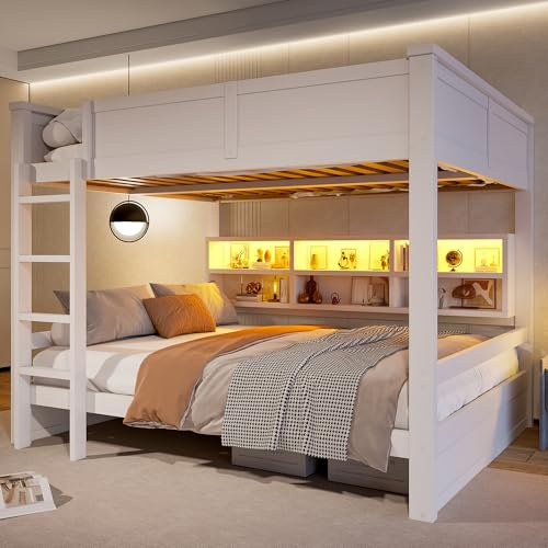 Dolamaní Etagenbett 2 Personen 160x200 cm- Kinderbett Jugendbett Erwachsene, Bett mit Lattenrost und LED, Stauraum Regale, Holzbett, Bettgestell, Ohne Matratze (Weiß)