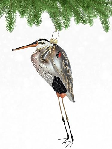 Cobane Studio Great Blue Heron Ornament - Blown Glass Bird Decor | Stately Blue-Gray Glass Heron Ornament - Hand-Painted Christmas Decoration for Bird Lovers