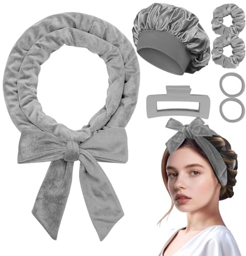 CENCERY Kit Boucleur sans Chaleur pour Cheveux Longs, Ruban à Boucler Overnight avec Barrettes, Elastiques et Bonnet de Nuit, Bigoudis Sans Chaleur pour Ondulations Souples, Gris
