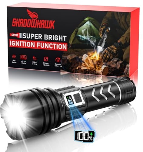 Shadowhawk Torcia a LED di sopravvivenza, ricaricabile, con funzione di accensione, 30 W, tattica da 10,000 lumen, estremamente luminosa, 1000 m e durata 12 ore (batteria da 6000 mAh), per attività