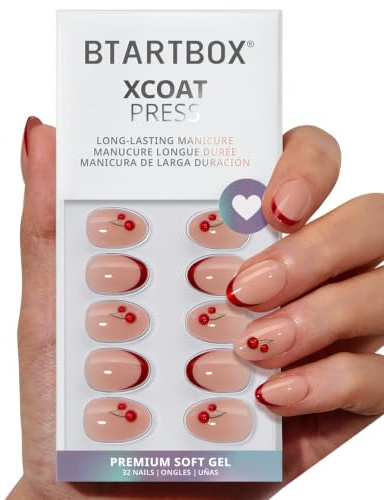 BTArtbox Press On Nails, Cherry Charm, Short Almond, Red, French Tip, 32Ct | Lamp-Curable 4-Week Wear, Salon-Quality Natural Nails, 10-Minute Easy Daily Application, 16 Sizes, All-in-One Complete Kit