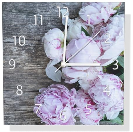Wallario Design Wanduhr Pinke Blumen auf Holz aus Aluverbund, Alu-Uhr Größe 30 x 30 cm, weiße Zeiger mit Metalloptik