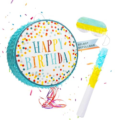 Relaxdays Pinata Geburtstag, mit Stab & Maske, Partypinata Kinder, Geburtstagspinata, zum Befüllen, DxT: 40x9 cm, bunt