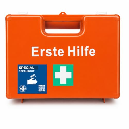 FAP Erste-Hilfe-Koffer Gefahrgut DIN 13157 gefüllt - Orange | 2x Augenspülung & Phosphatpuffer | ADR Transport Lager Chemikalien Gefahrstoff Logistik, Betriebsverbandkasten Wandhalterung - 33×42×15 cm