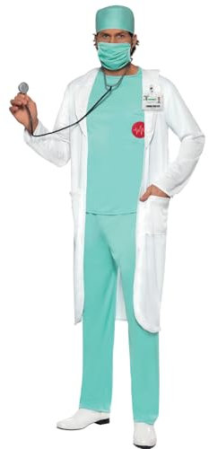Smiffys Doktor Kostüm, mit Oberteil, Hose, Haube, Mundschutz, Klarem Namensschild und Kittel