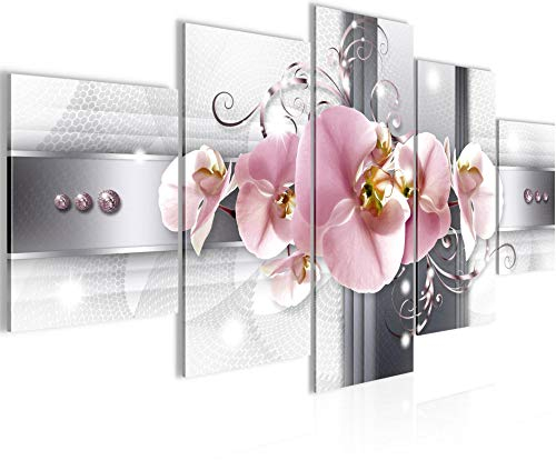 Runa Art Wandbilder Blumen Orchidee 5 Teilig Bild auf Vlies Leinwand Deko Wohnzimmer Abstrakt Grau Rosa 008352a