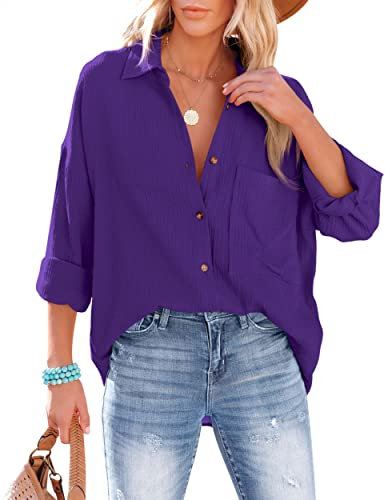 NONSAR - Camicetta da Donna Casual, Camicia con Scollo a V, 100% Cotone, vestibilità Ampia, Tessuto Spesso in Tinta Unita, Top Elegante con Tasca (IT, Testo, L, Regular, Regular, Viola)