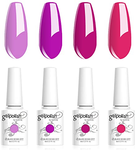 Vishine Smalto Gel Semipermanente, Set di 4 Colori Viola, Rosa, Viola, Fucsia Collezione Nail Art Gel UV LED per Manicure 8ml C027