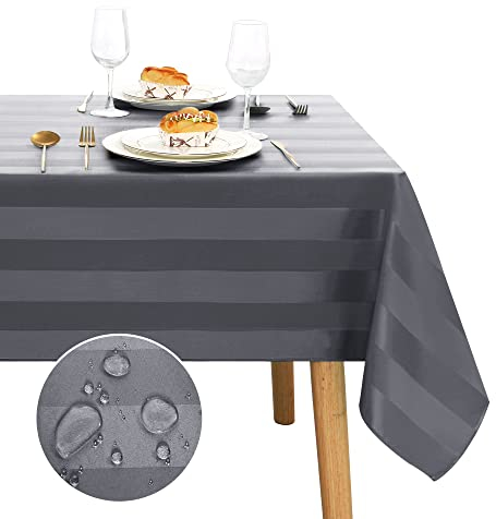 JIUZHEN Tischdecke Abwaschbar Grau 135 x 200 cm Gestreift Tischdecke Outdoor Wasserdicht, Quadratische Wasserabweisenden mit Lotuseffekt Tischdecken, Tischtuch gartentisch, Wetterfeste für Wohnzimmer