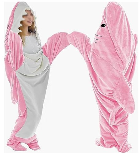 EBbels Hai Decke Erwachsene, Superweicher Flanell-Hoodie Hai Decke Schlafsack, Hai-Einteiler Tragbare Decke Für Erwachsene Jungen Und Mädchen, Cosplay-Hai-Kostüm (Rosa-190×90cm)